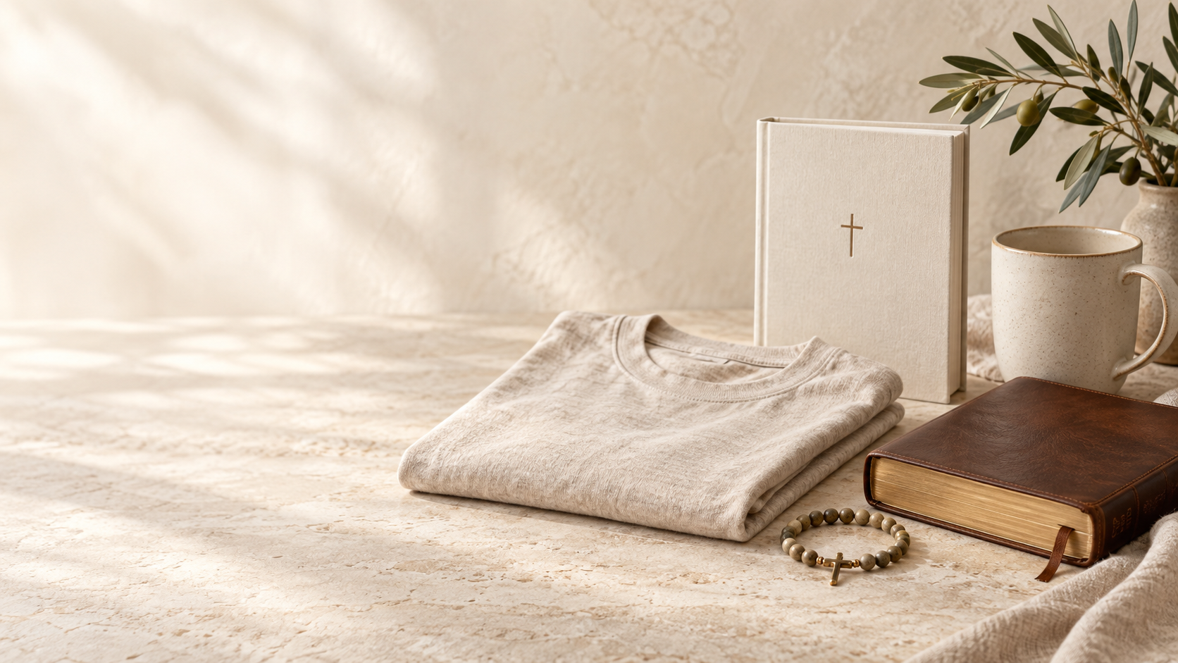 A premium cream Christian book, neutral shirt, Bible, bracelet, mug, and olive branch